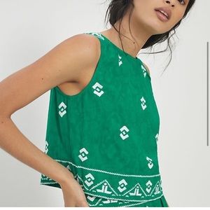 Anthropologie Mitra Sleeveless Embroidered Green Top Size 4P